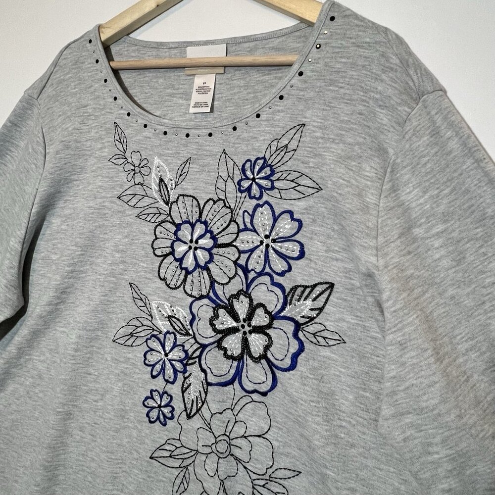 ALFRED DUNNER Woman Top Embellished Chenille Floral Size 2X Gray Long Sleeves - Picture 9 of 10